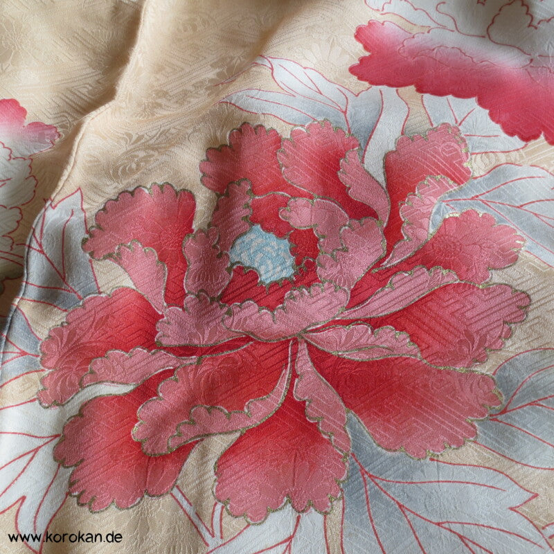 große Päonien, teilbestickter Furisode Seidendamast Kimono