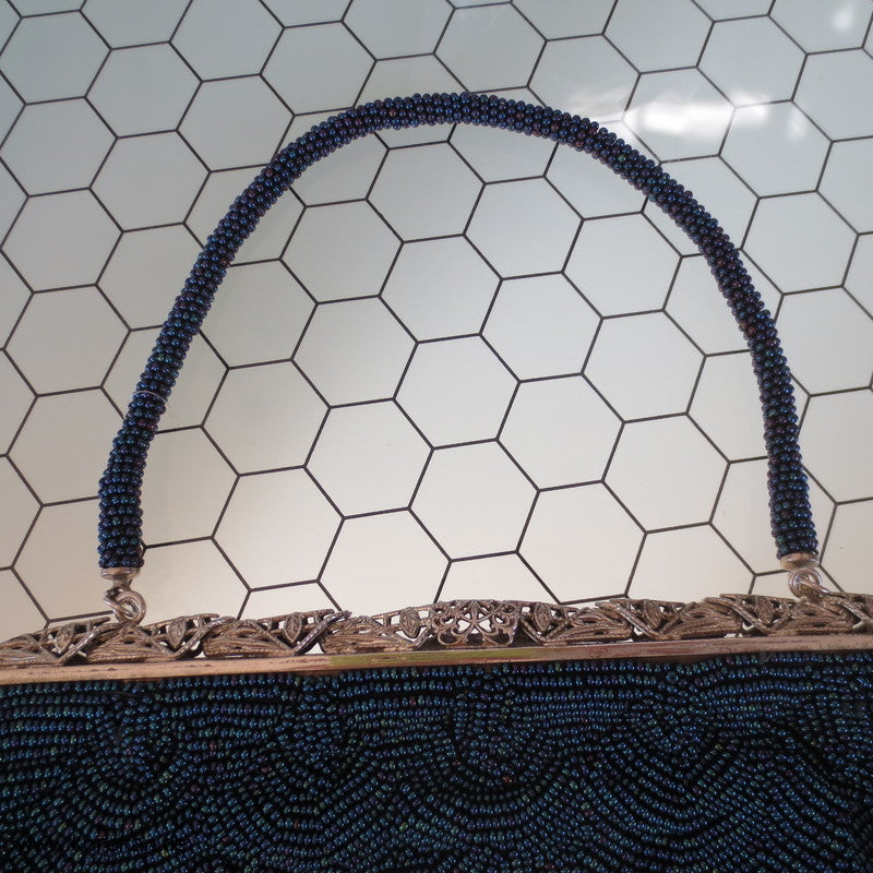 japanische blauschillernde perlenbestickte Abend Handtasche