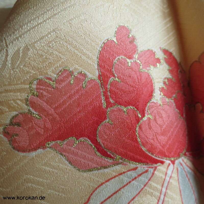 große Päonien, teilbestickter Furisode Seidendamast Kimono