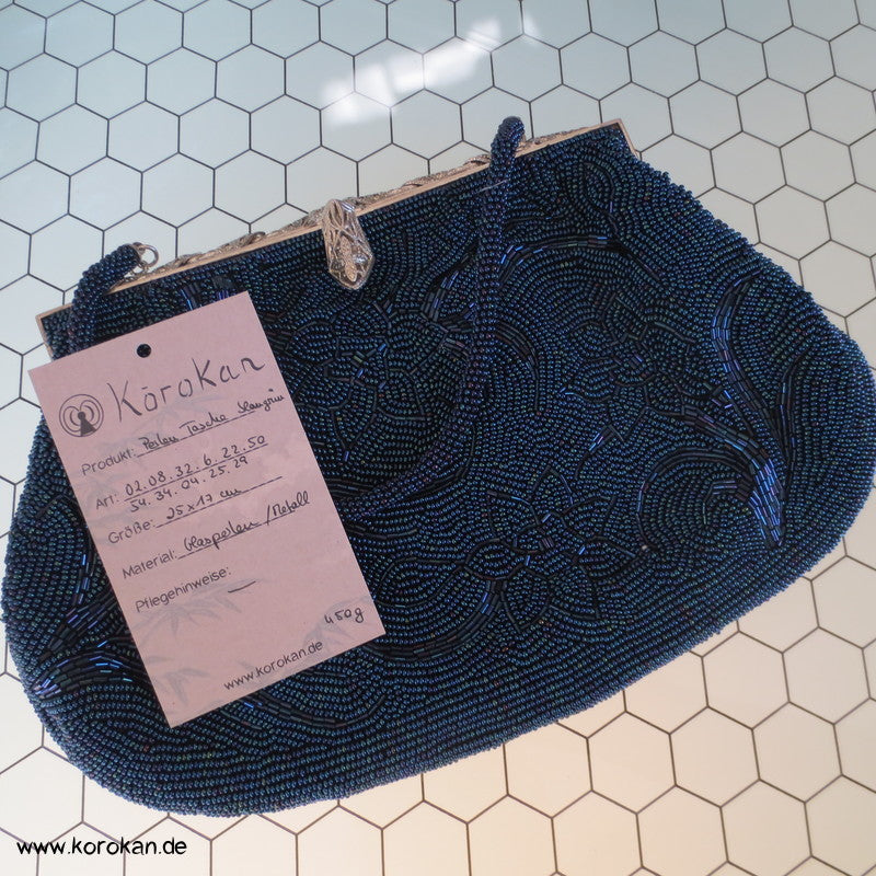 japanische blauschillernde perlenbestickte Abend Handtasche