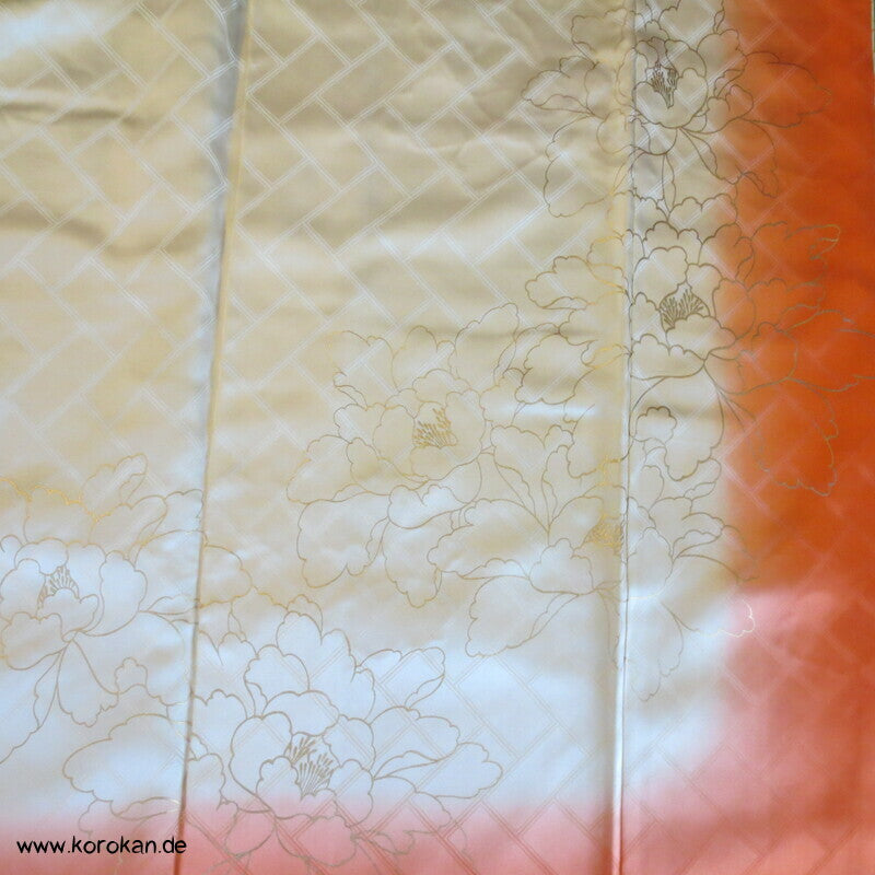 pastelliger Furisode, goldene Reisähren, Blumen, Higaki Rinzu Seiden Damast