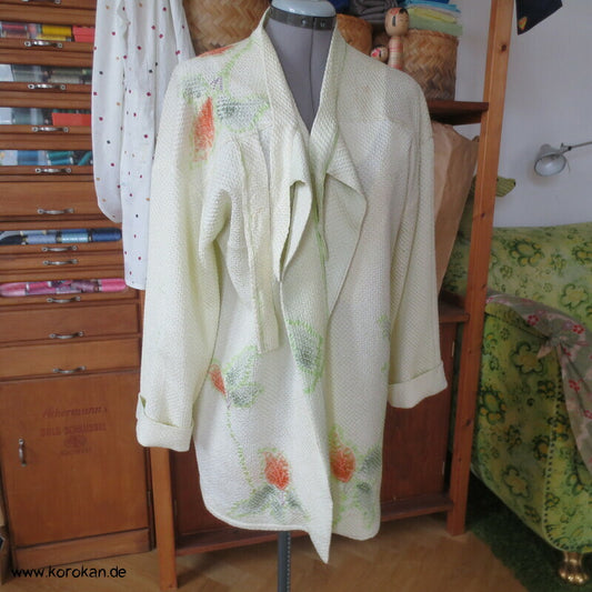 Full Shibori Blättermotiv lose Jacke / Bluse Gr. L, Upcycling aus japanischem Haori Kimono