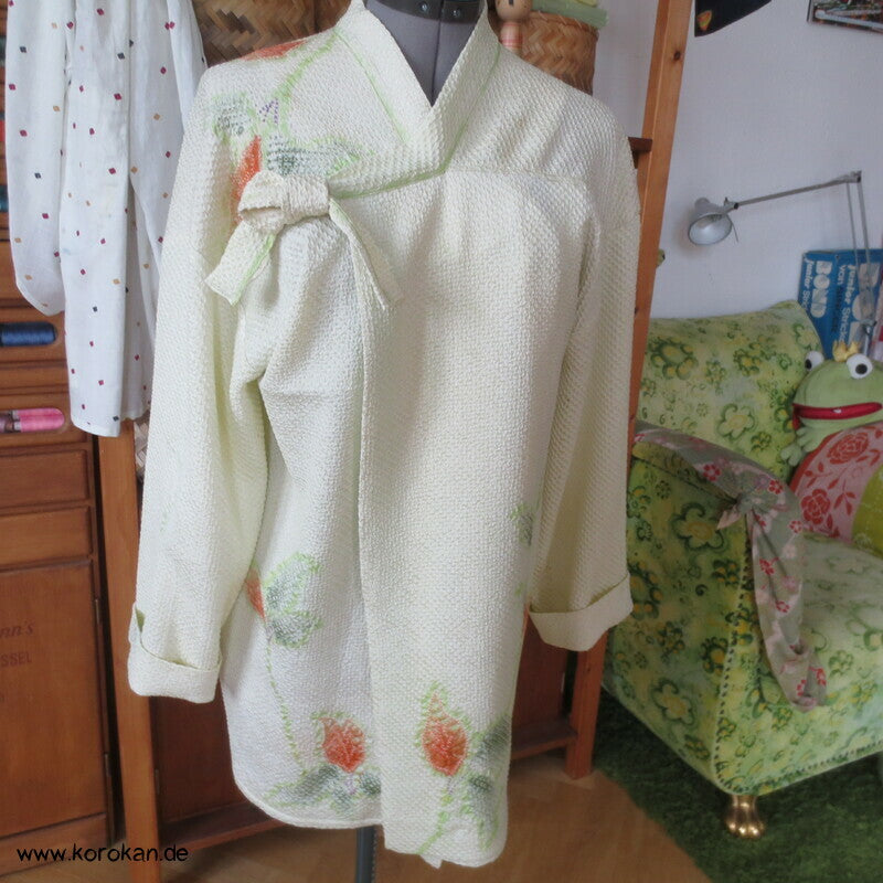 Full Shibori Blättermotiv lose Jacke / Bluse Gr. L, Upcycling aus japanischem Haori Kimono