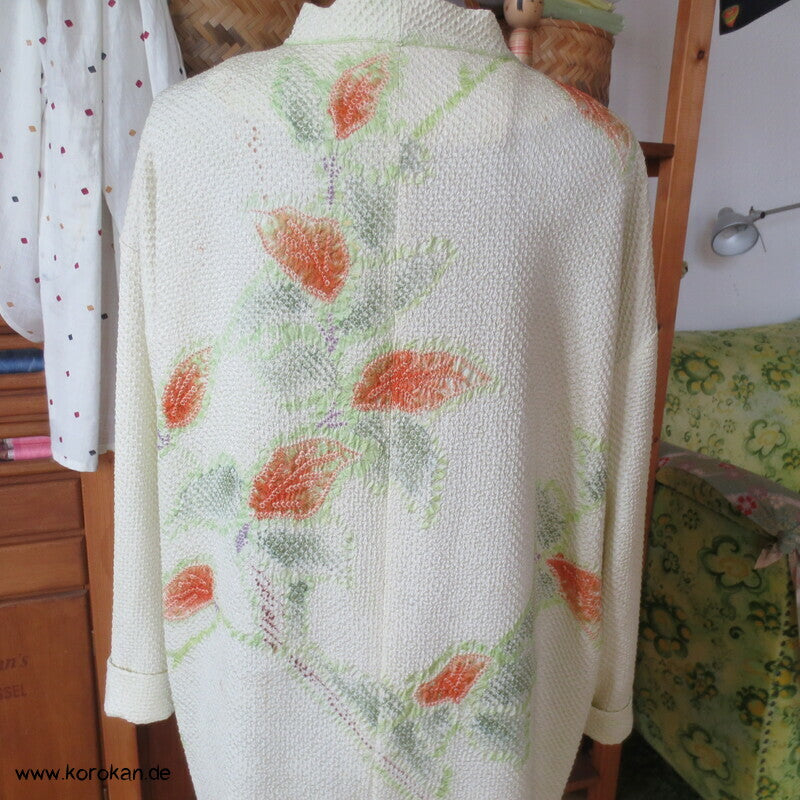 Full Shibori Blättermotiv lose Jacke / Bluse Gr. L, Upcycling aus japanischem Haori Kimono