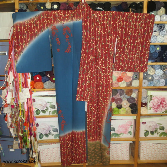 petrol - weinrot - oliv Weidenzweige Homongi Seidencrepe Kimono