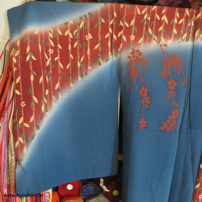 petrol - weinrot - oliv Weidenzweige Homongi Seidencrepe Kimono
