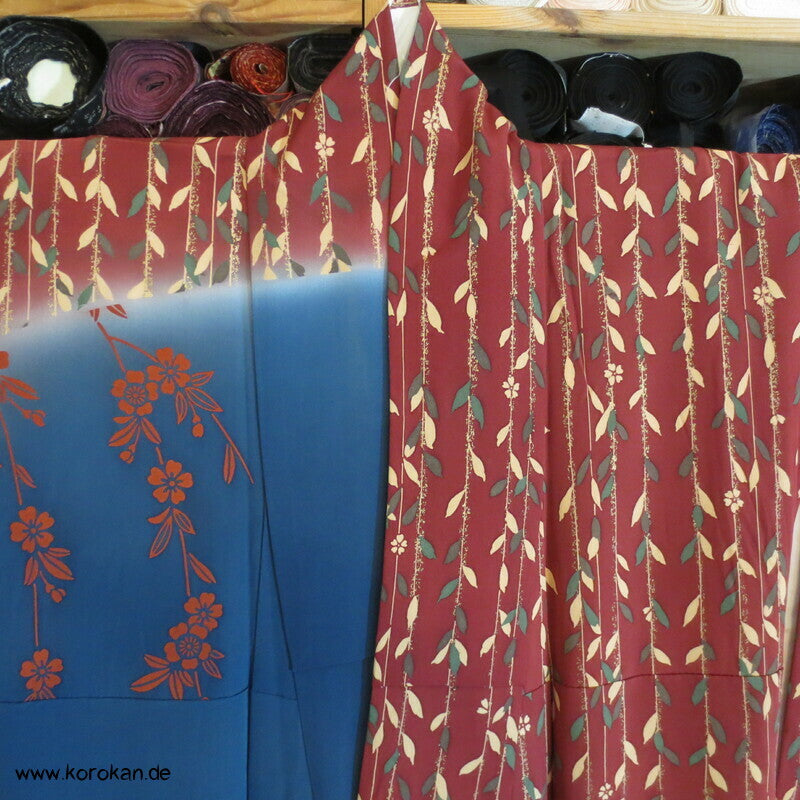 petrol - weinrot - oliv Weidenzweige Homongi Seidencrepe Kimono