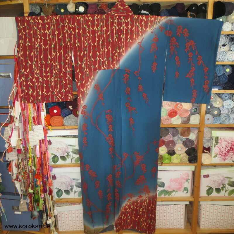petrol - weinrot - oliv Weidenzweige Homongi Seidencrepe Kimono