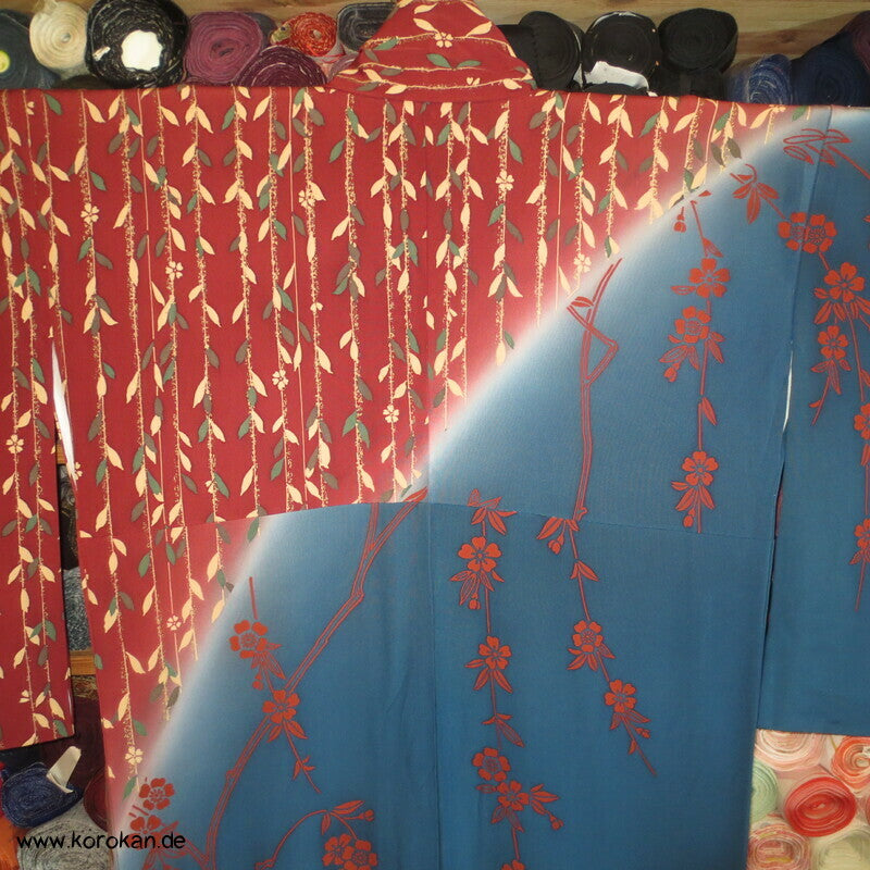 petrol - weinrot - oliv Weidenzweige Homongi Seidencrepe Kimono