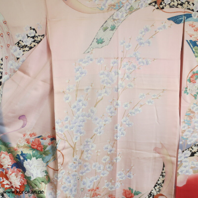 Noshi Muster mit Pfau / Federn Furisode Seiden Crepe Satin Kimono