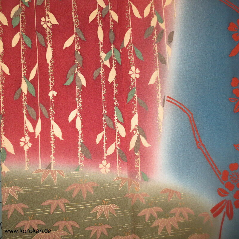petrol - weinrot - oliv Weidenzweige Homongi Seidencrepe Kimono
