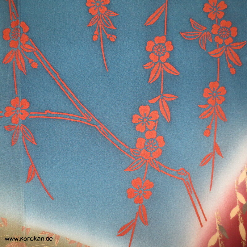 petrol - weinrot - oliv Weidenzweige Homongi Seidencrepe Kimono