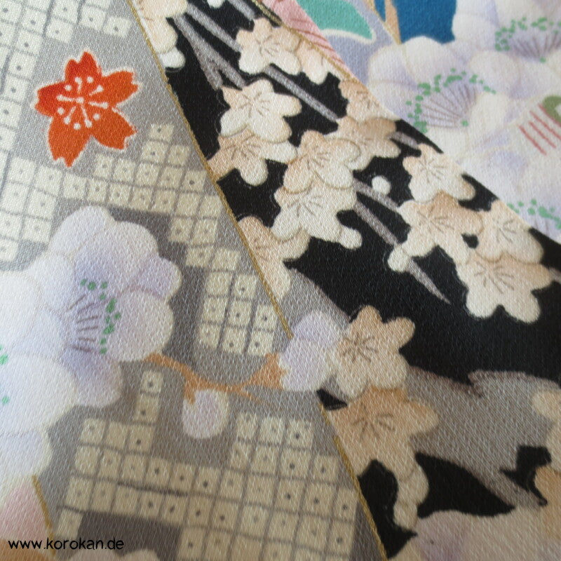 Noshi Muster mit Pfau / Federn Furisode Seiden Crepe Satin Kimono
