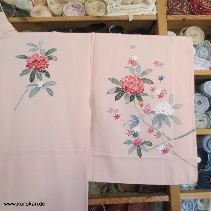 Tsukesage Kimono Seidencrepe Hydrangea / Azaleen Yuzen gemalt