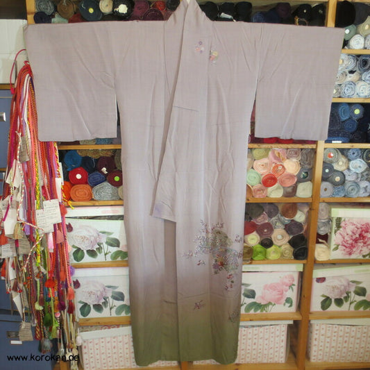 Homongi Seidencrepe Kimono, Farbverlauf, Blumen Stickereien, verfärbt