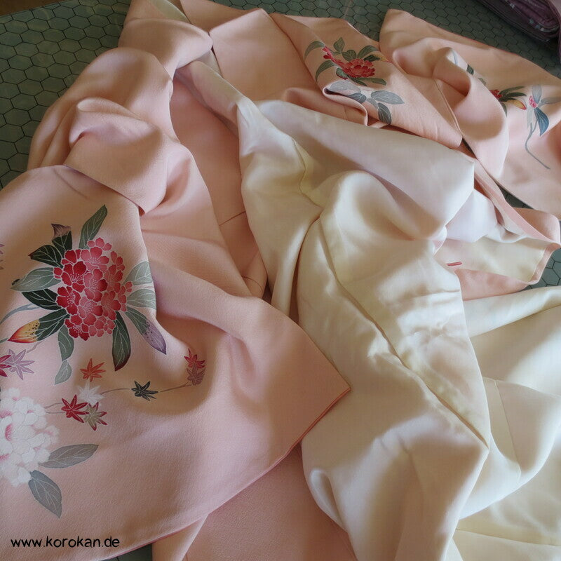 Tsukesage Kimono Seidencrepe Hydrangea / Azaleen Yuzen gemalt
