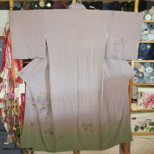 Homongi Seidencrepe Kimono, Farbverlauf, Blumen Stickereien, verfärbt