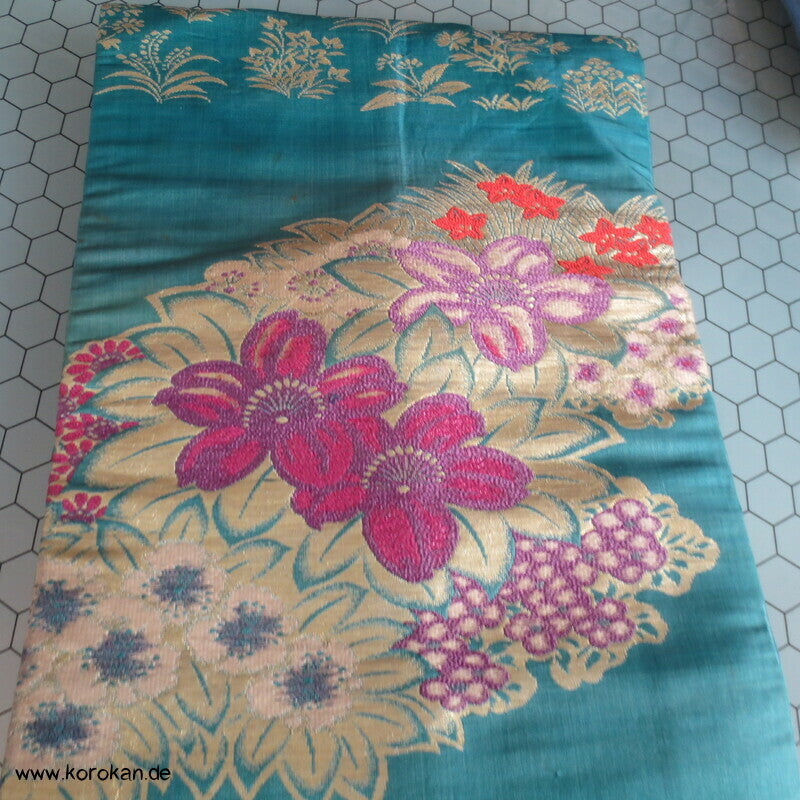 Blüten Nagoya Obi, gold und pink auf türkis