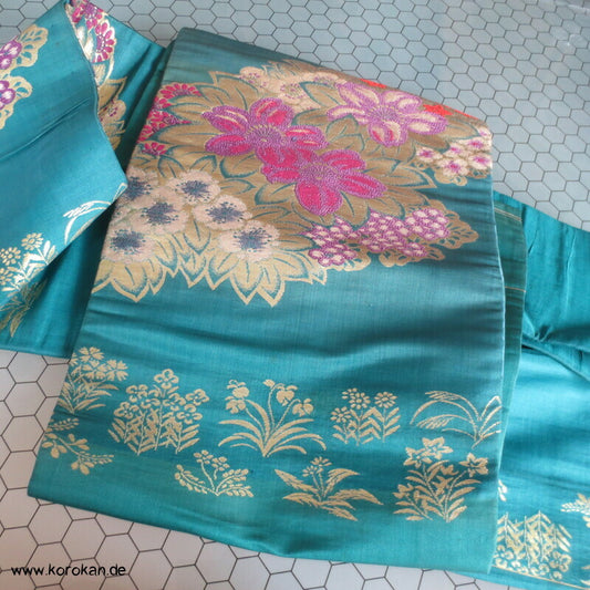 japanischer Blüten Nagoya Obi, gold und pink auf türkis Seidenbrokat Kimonogürtel