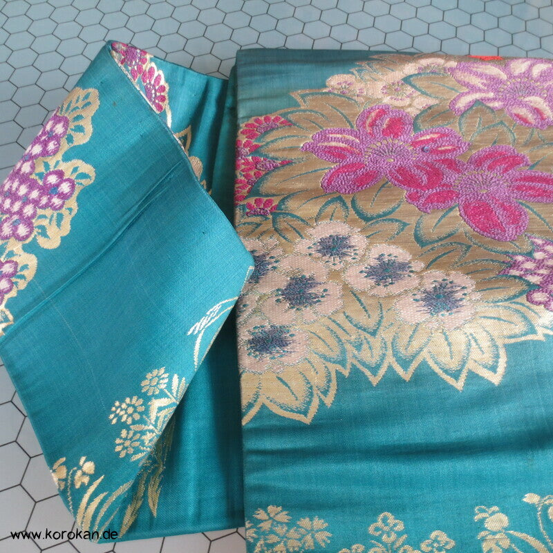 Blüten Nagoya Obi, gold und pink auf türkis