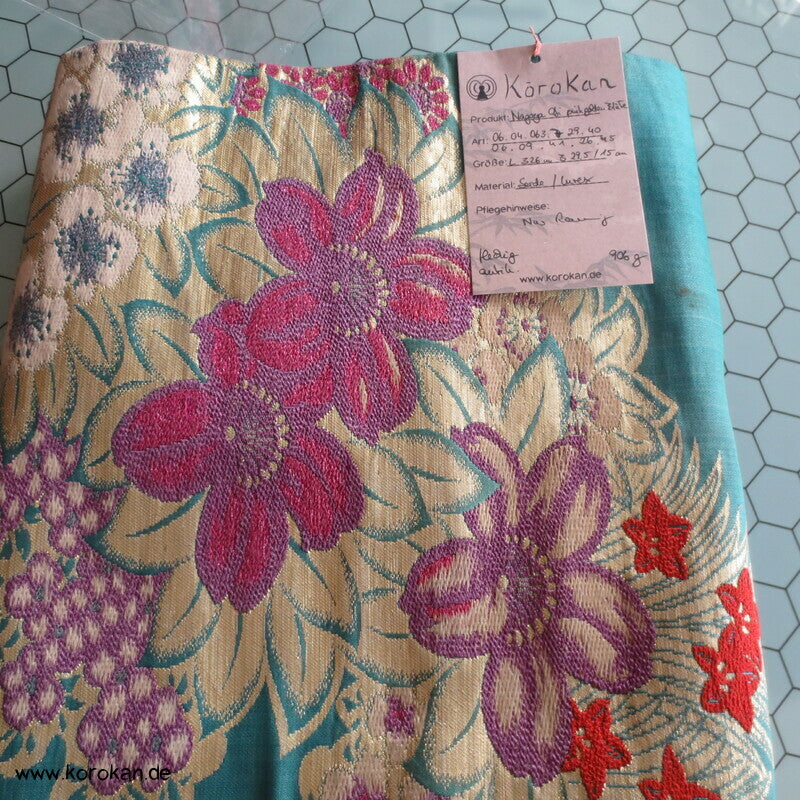 Blüten Nagoya Obi, gold und pink auf türkis
