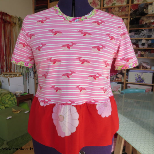 Wal und Blumen T - Shirt mit Kimono Stoff Schößchen