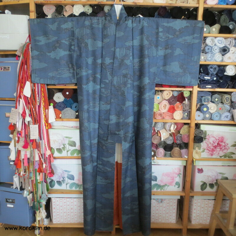 Wolken Bambus Druck Kasuri Tsumugi Kimono