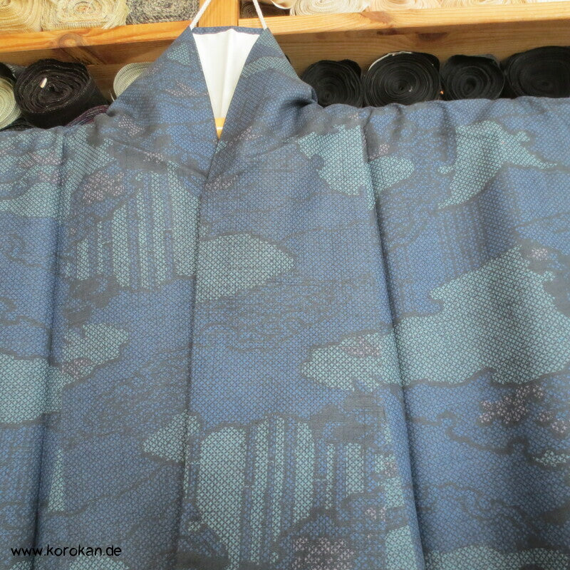 Wolken Bambus Druck Kasuri Tsumugi Kimono
