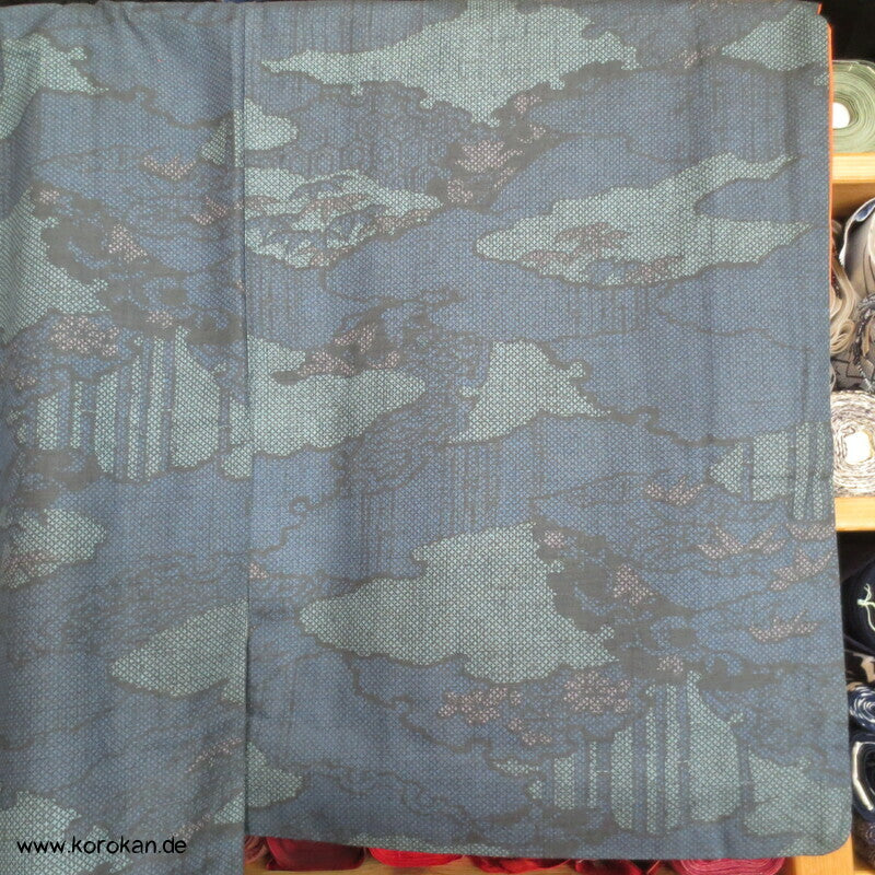 Wolken Bambus Druck Kasuri Tsumugi Kimono