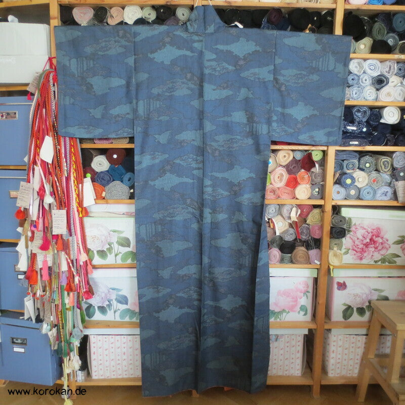Wolken Bambus Druck Kasuri Tsumugi Kimono