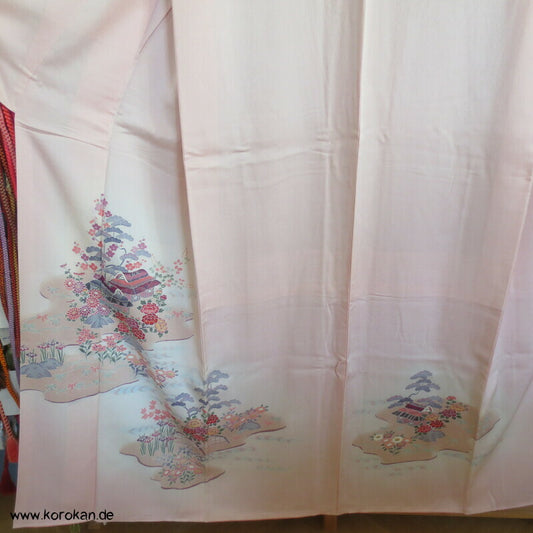 Kimonossimo Tsukesage Seidenatlas mit Gartenhäuschen und Landschaft