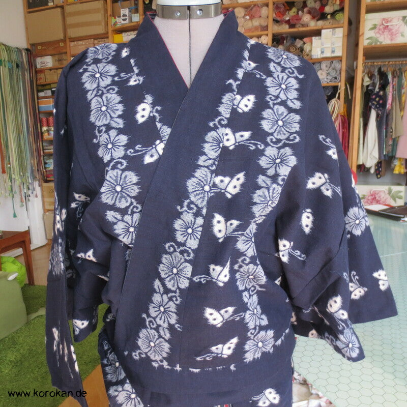 Baumwoll Kasuri zweiteiliger Kimono, Dochugi + Wickelrock