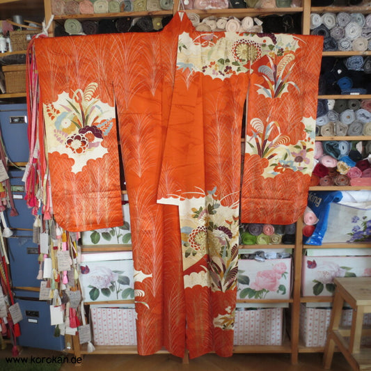 Gräser, Bambus, Chrysanthemen Seidendamast Furisode Kimono