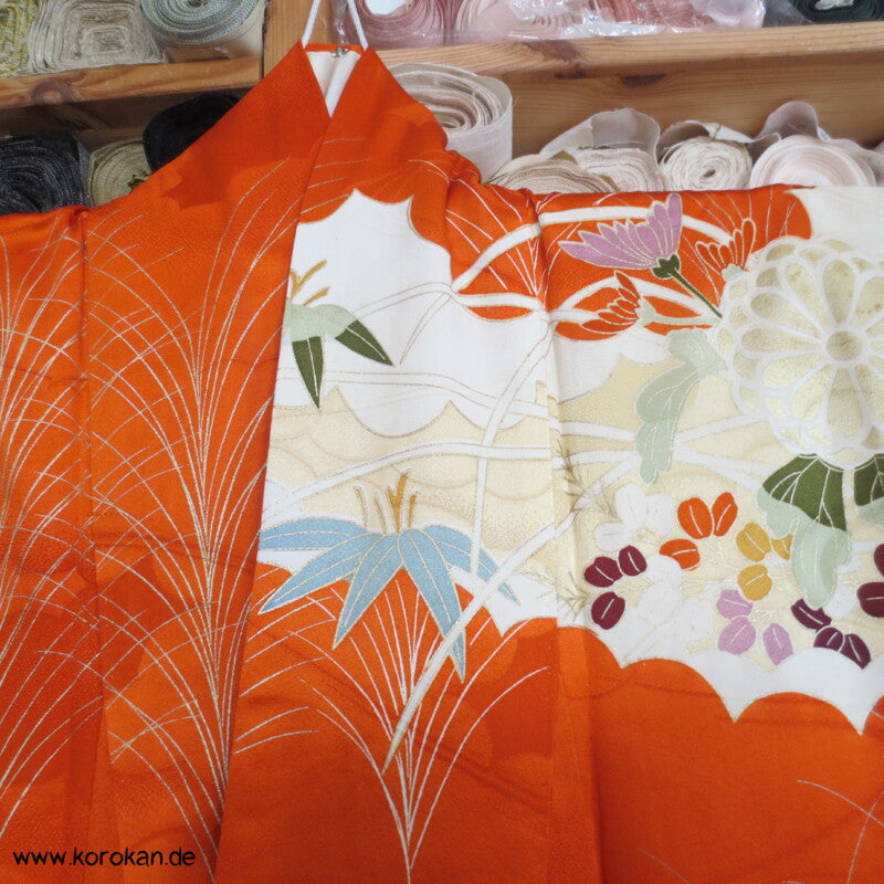 Gräser, Bambus, Chrysanthemen Seidendamast Furisode Kimono