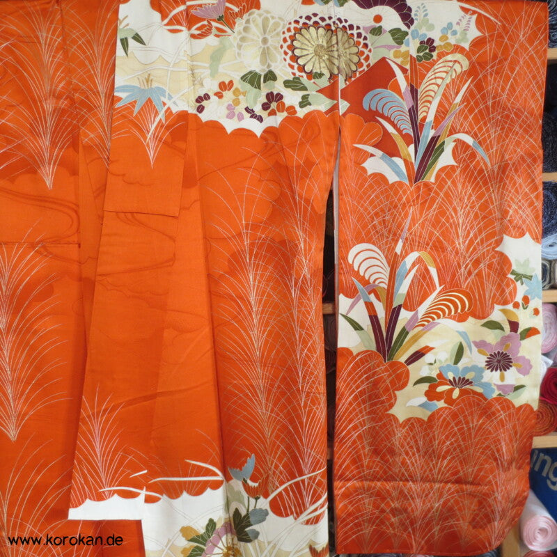 Gräser, Bambus, Chrysanthemen Seidendamast Furisode Kimono