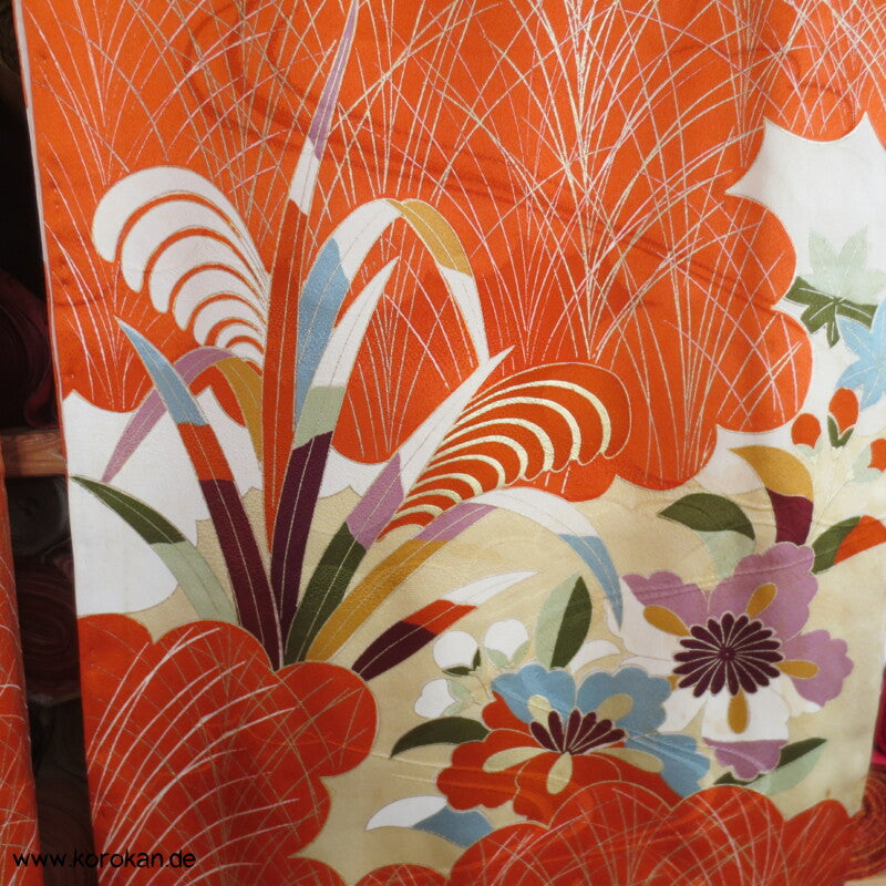 Gräser, Bambus, Chrysanthemen Seidendamast Furisode Kimono