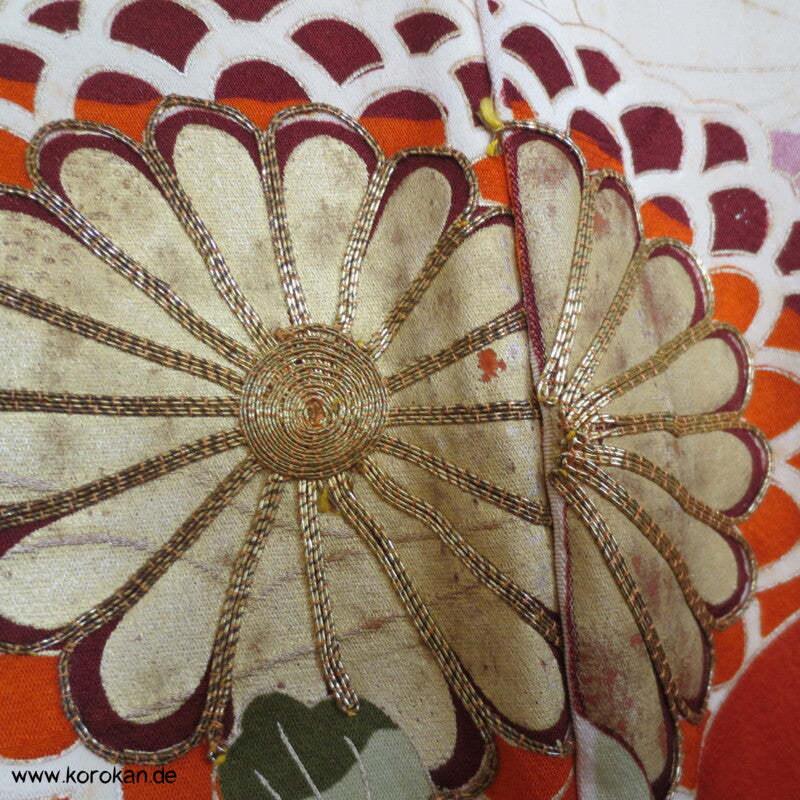 Gräser, Bambus, Chrysanthemen Seidendamast Furisode Kimono