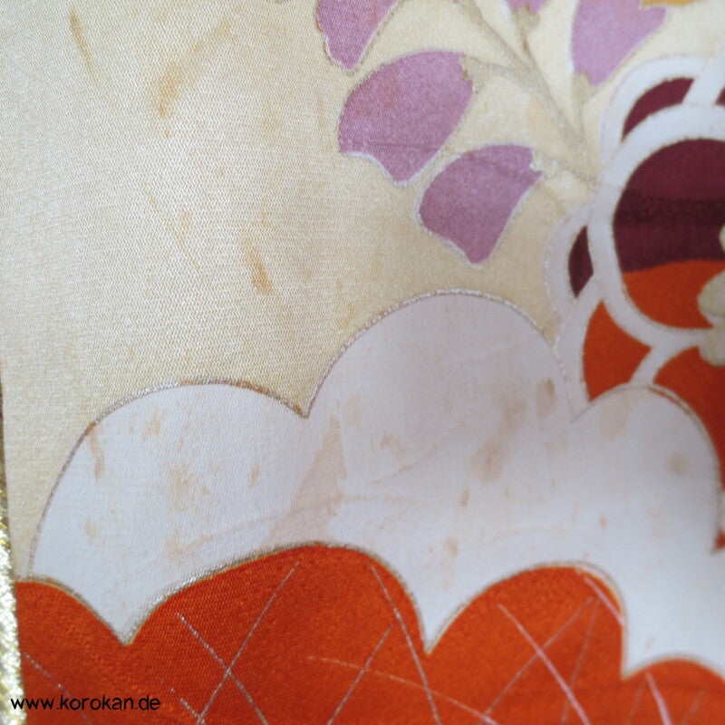 Gräser, Bambus, Chrysanthemen Seidendamast Furisode Kimono
