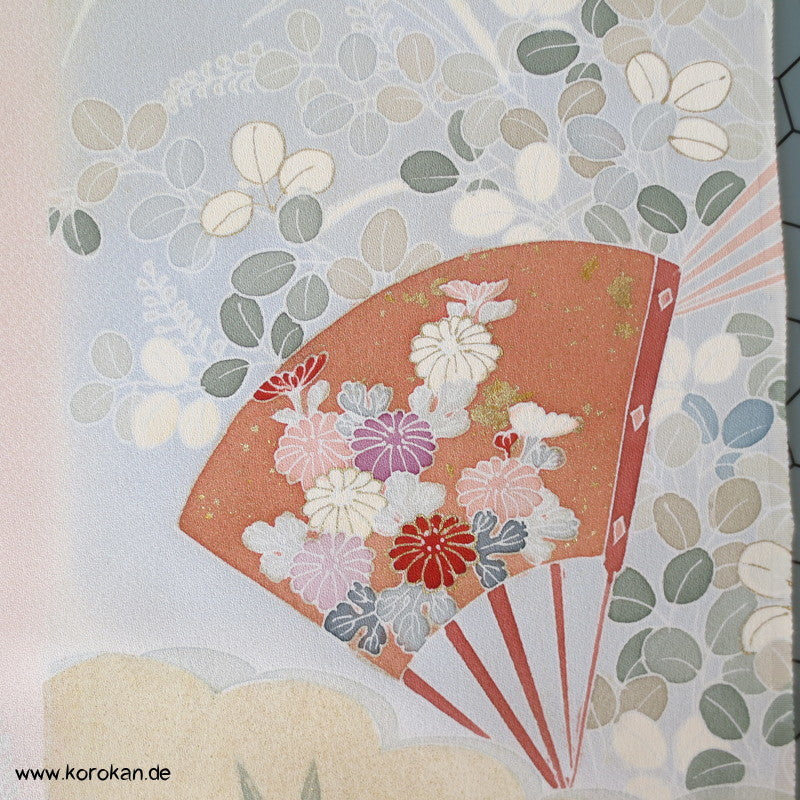 Yuzen Fächer japanischer Seidencrepe für Homongi Kimono, mit gold