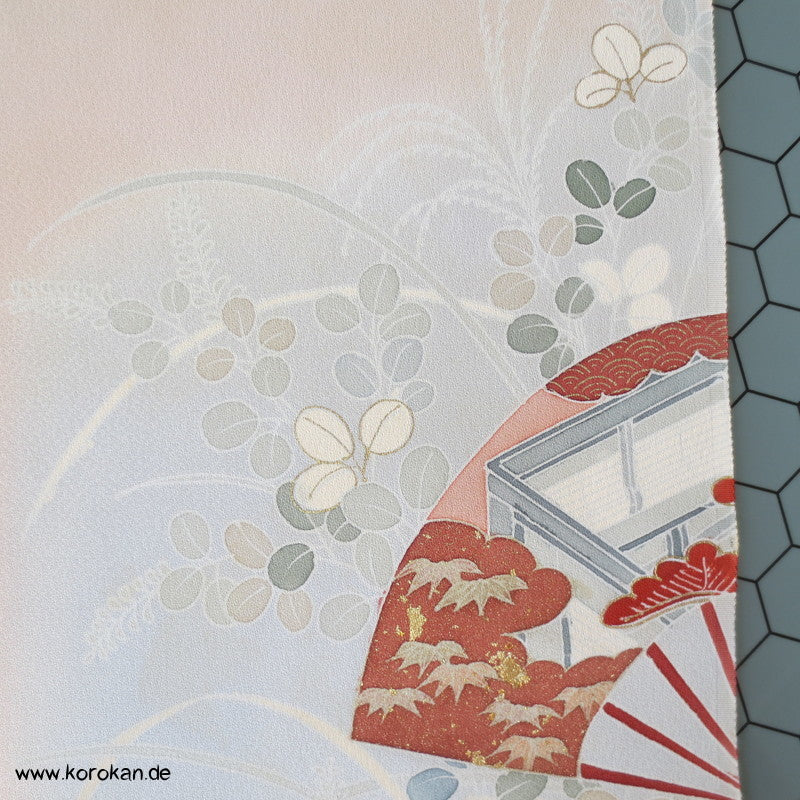 Yuzen Fächer japanischer Seidencrepe für Homongi Kimono, mit gold