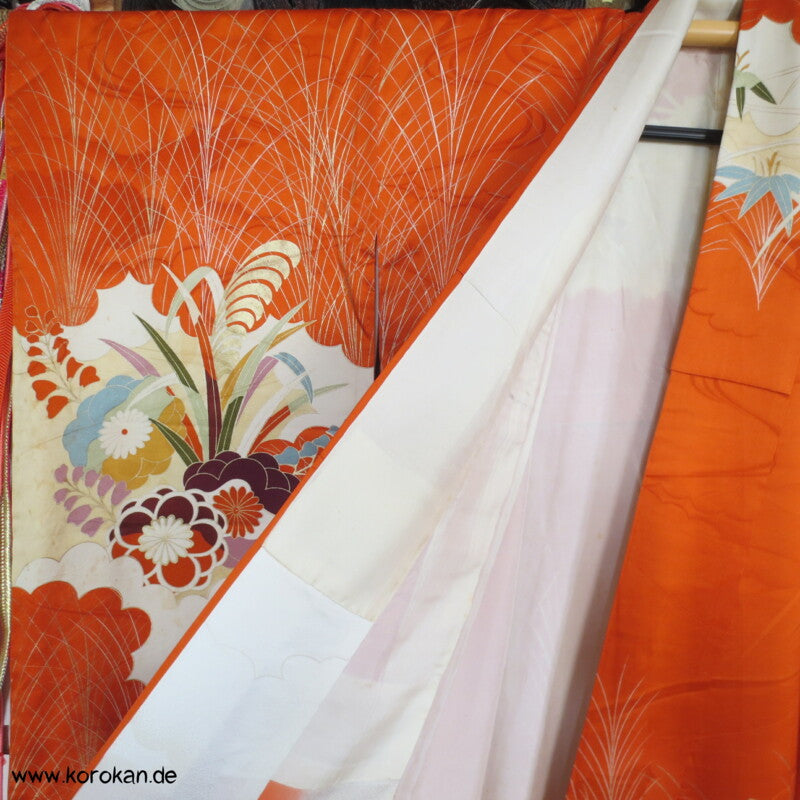 Gräser, Bambus, Chrysanthemen Seidendamast Furisode Kimono