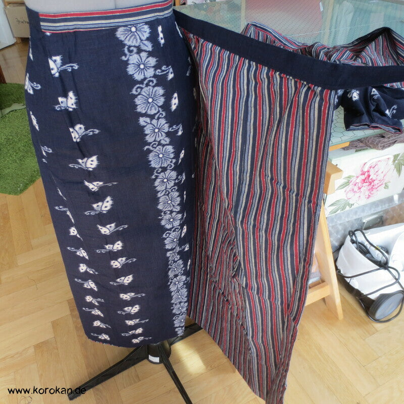 Baumwoll Kasuri zweiteiliger Kimono, Dochugi + Wickelrock