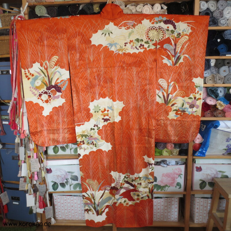 Gräser, Bambus, Chrysanthemen Seidendamast Furisode Kimono