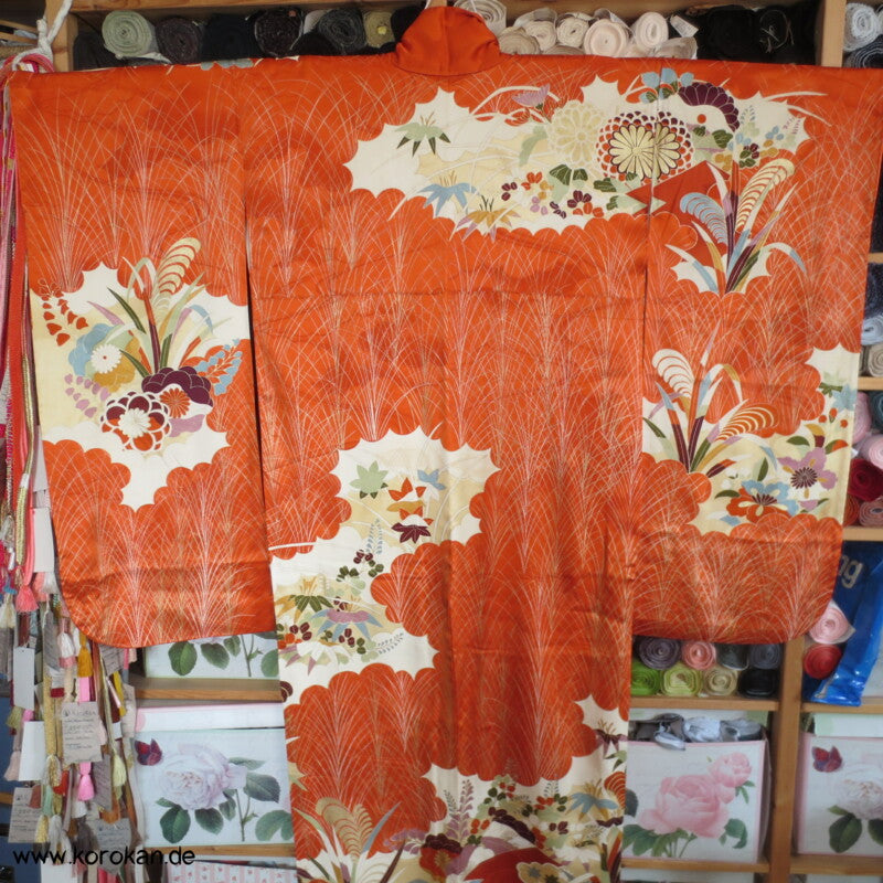 Gräser, Bambus, Chrysanthemen Seidendamast Furisode Kimono