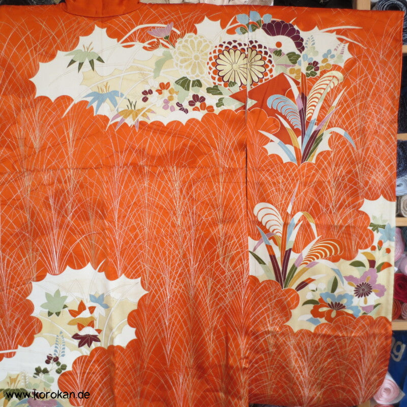 Gräser, Bambus, Chrysanthemen Seidendamast Furisode Kimono