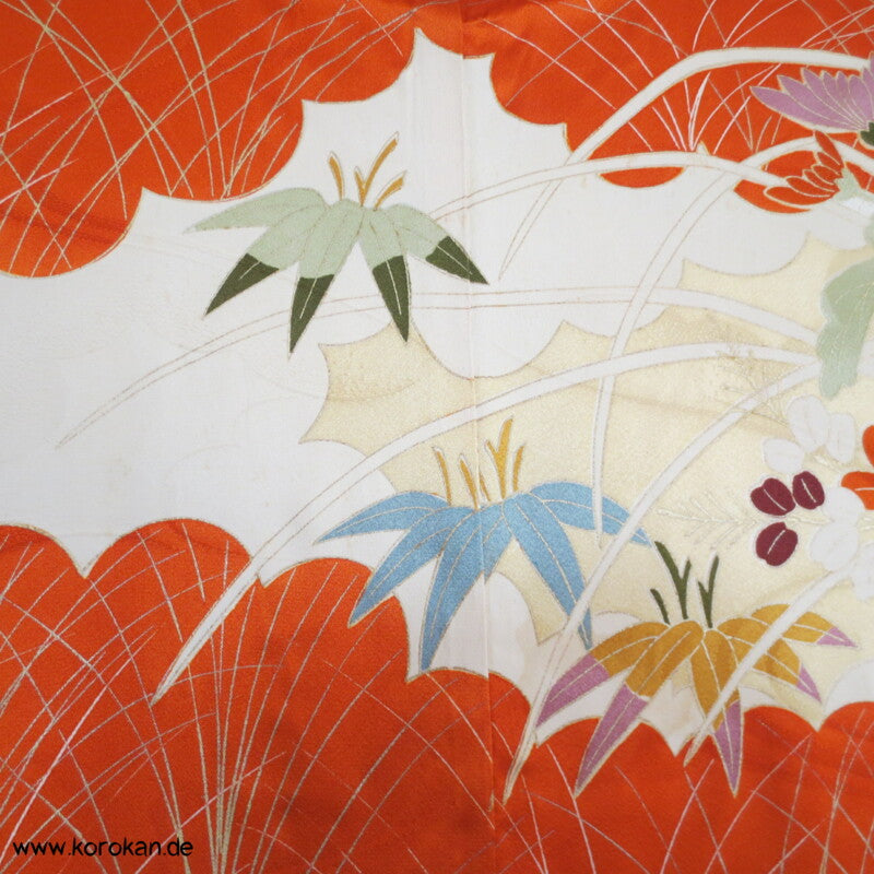 Gräser, Bambus, Chrysanthemen Seidendamast Furisode Kimono