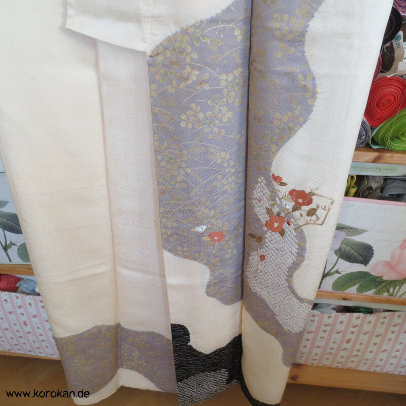 Homongi Milchstraße, teilbestickter Sayagata Seidendamast Kimono