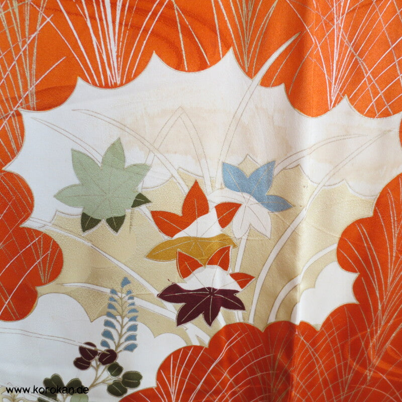 Gräser, Bambus, Chrysanthemen Seidendamast Furisode Kimono