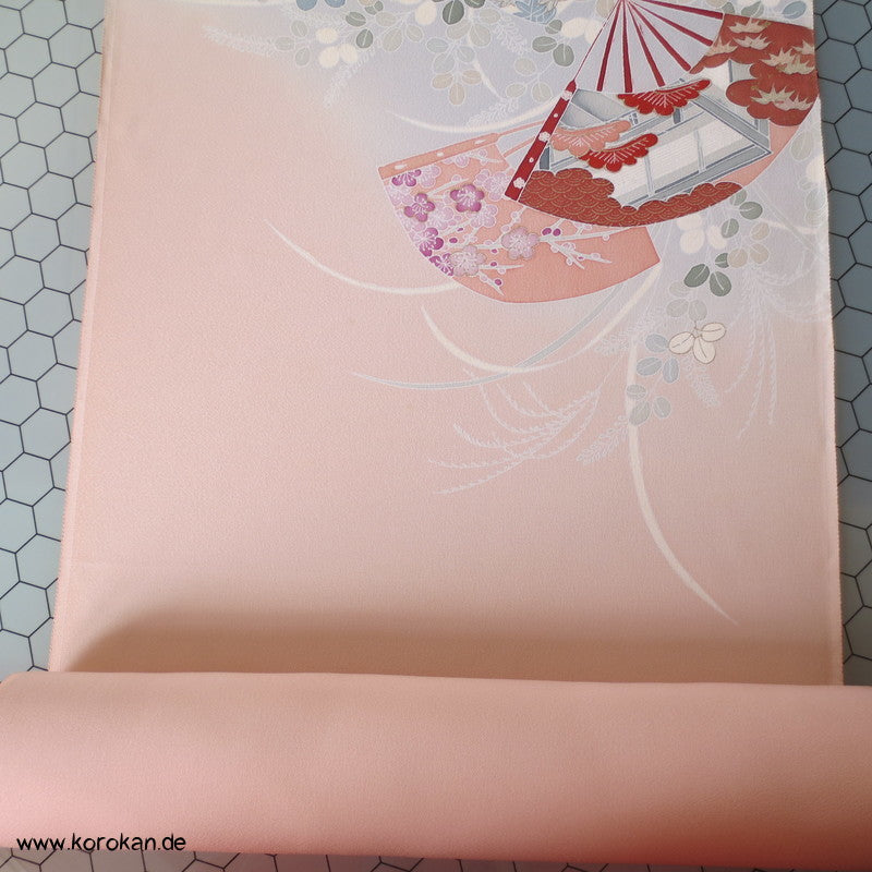 Yuzen Fächer japanischer Seidencrepe für Homongi Kimono, mit gold