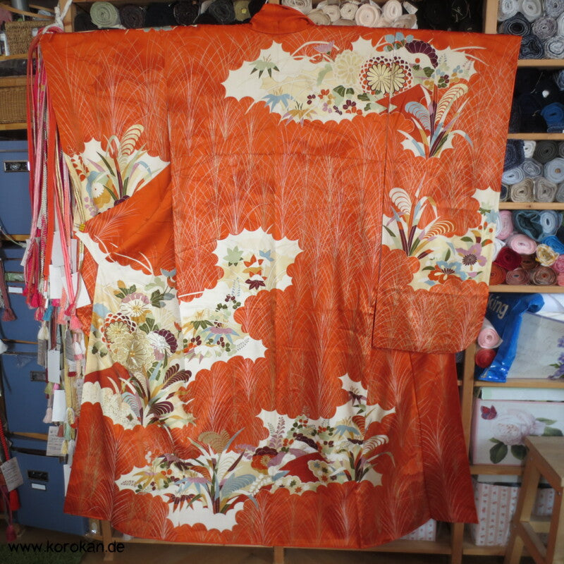 Gräser, Bambus, Chrysanthemen Seidendamast Furisode Kimono